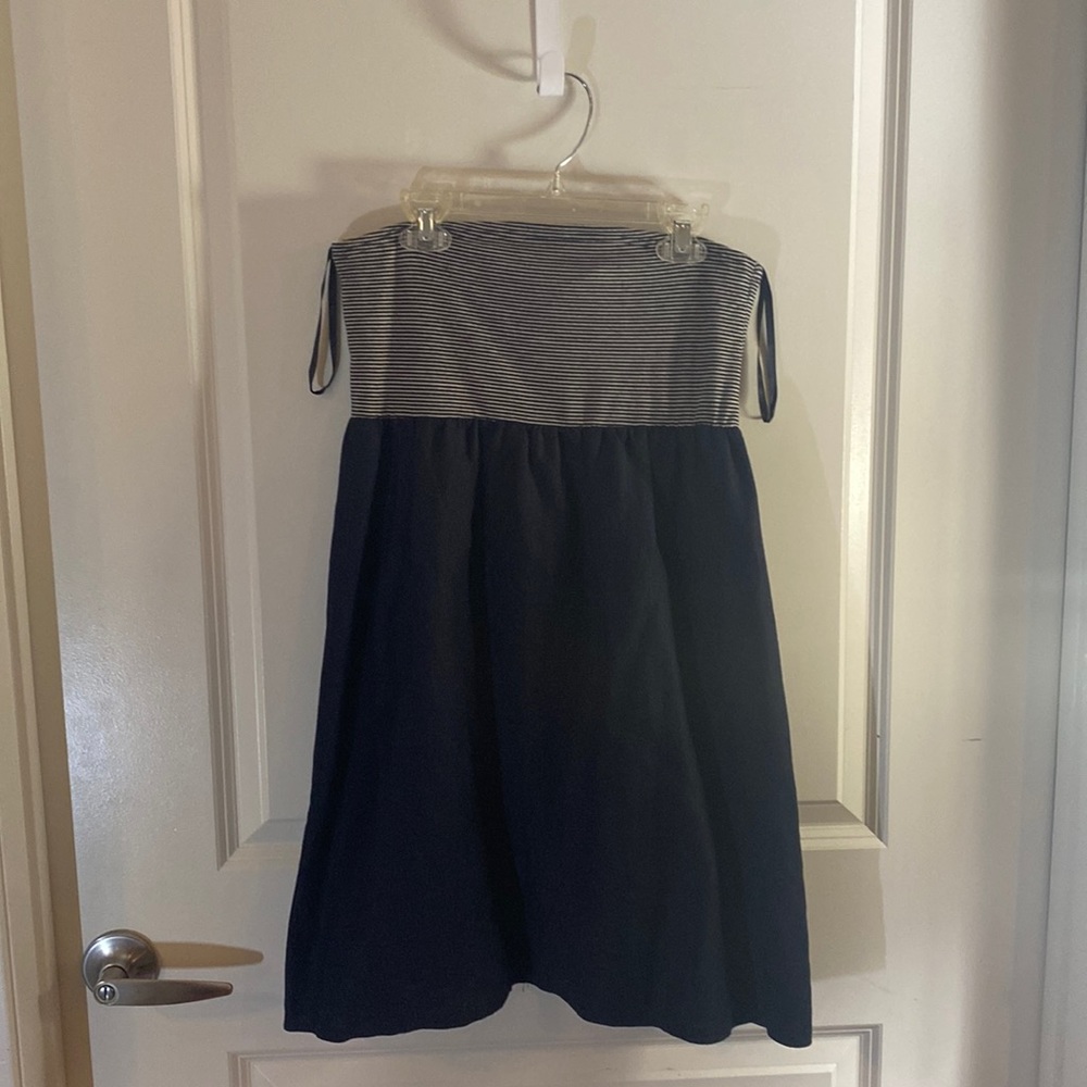 Navy and Gray Striped Strapless Dress with Pockets